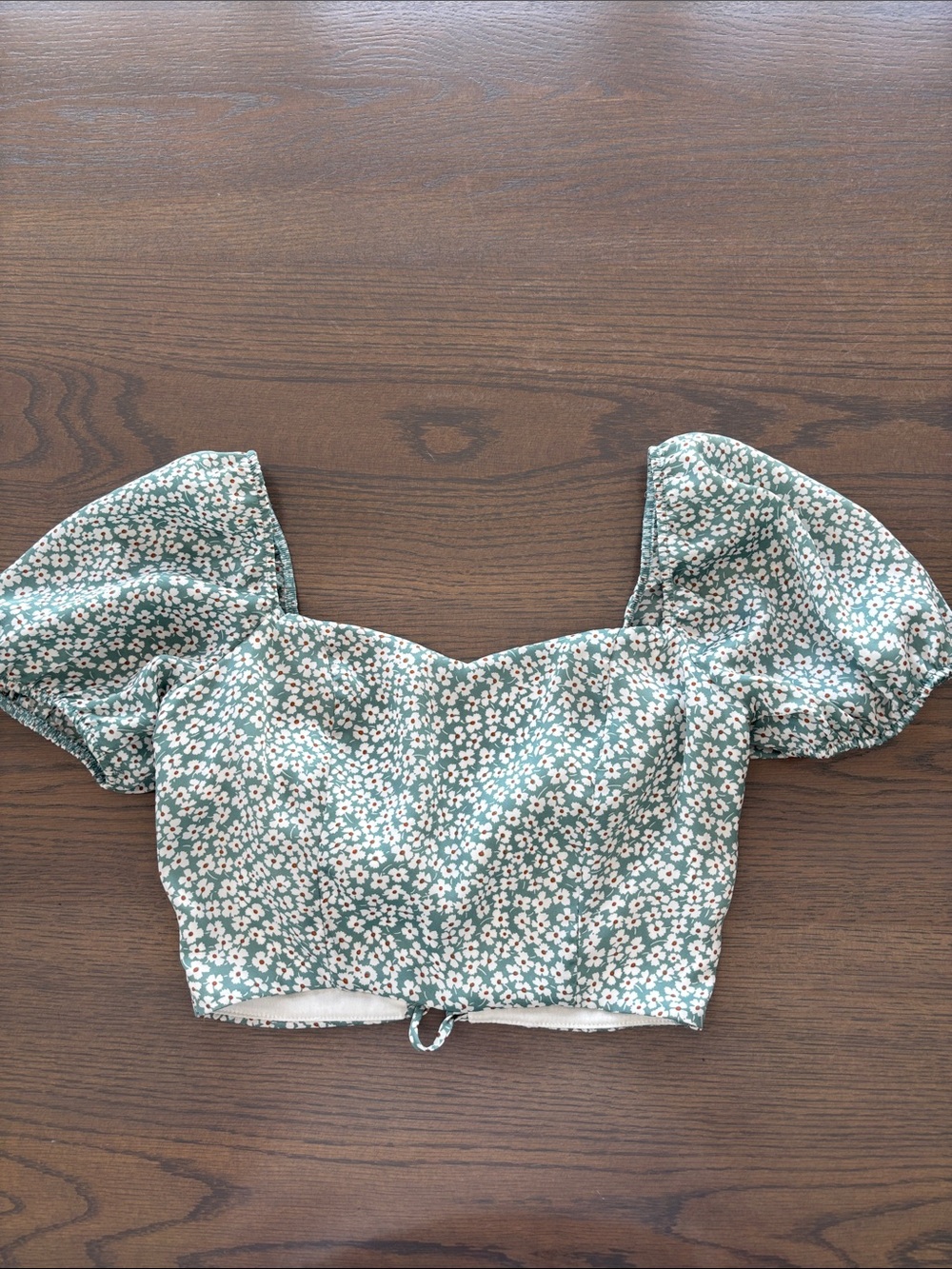 Alter’d State Floral Puff-Sleeve Crop Top in Sage Green with Corset Back